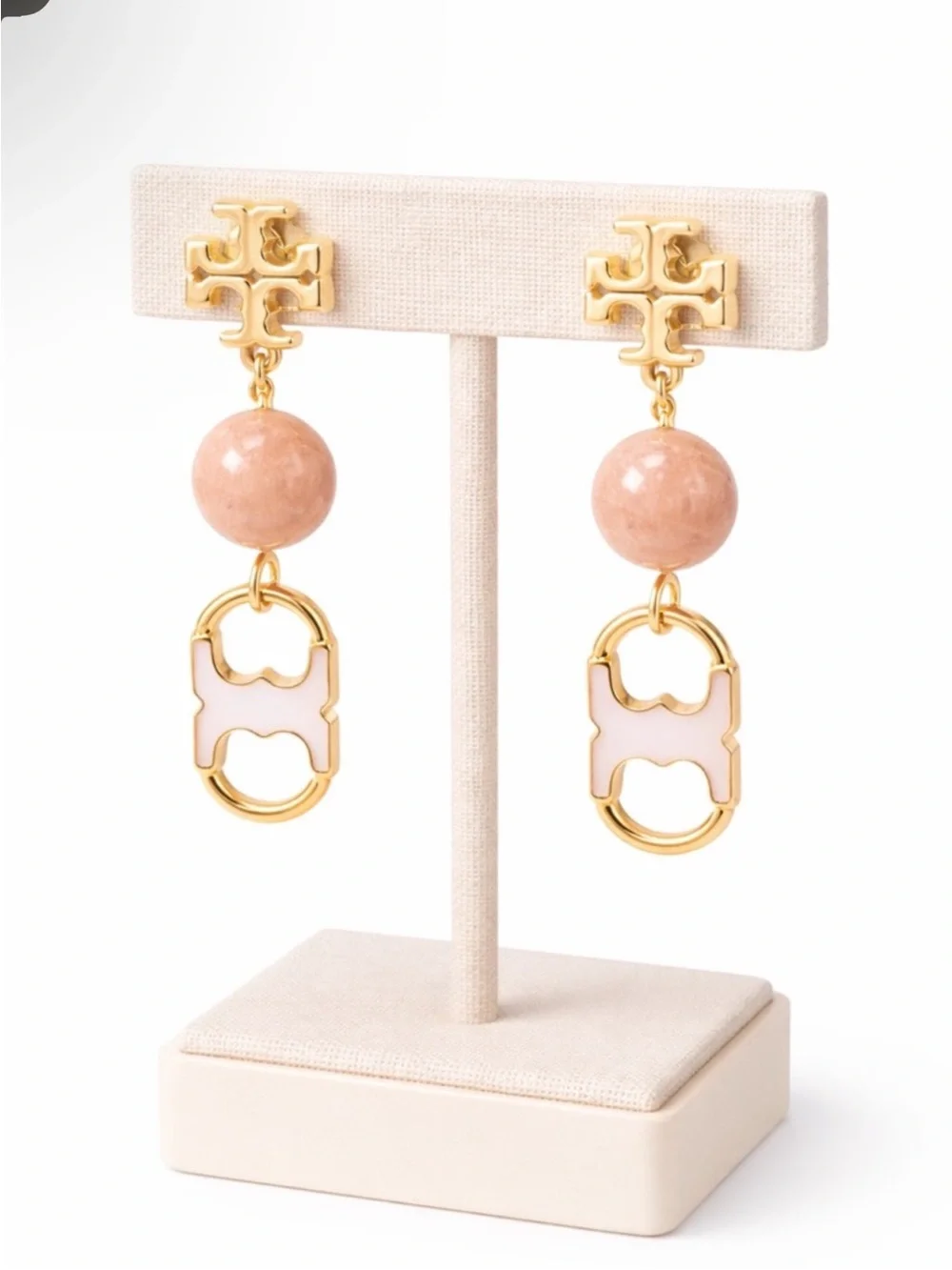 Tory Burch Pink Enamel Drop Earrings Gold Tone Logo Bead Statement NEW $148